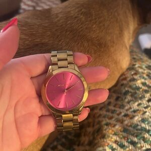 Gold Watch with Pink Dial